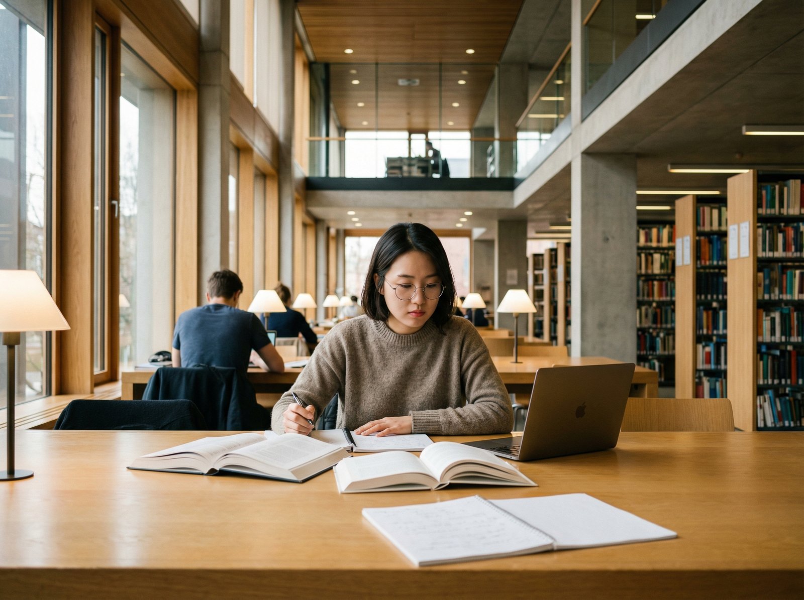 A focused Korean person studying with books and a laptop in a modern library, warm lighting, clean composition, rich textures, no text, 4:3