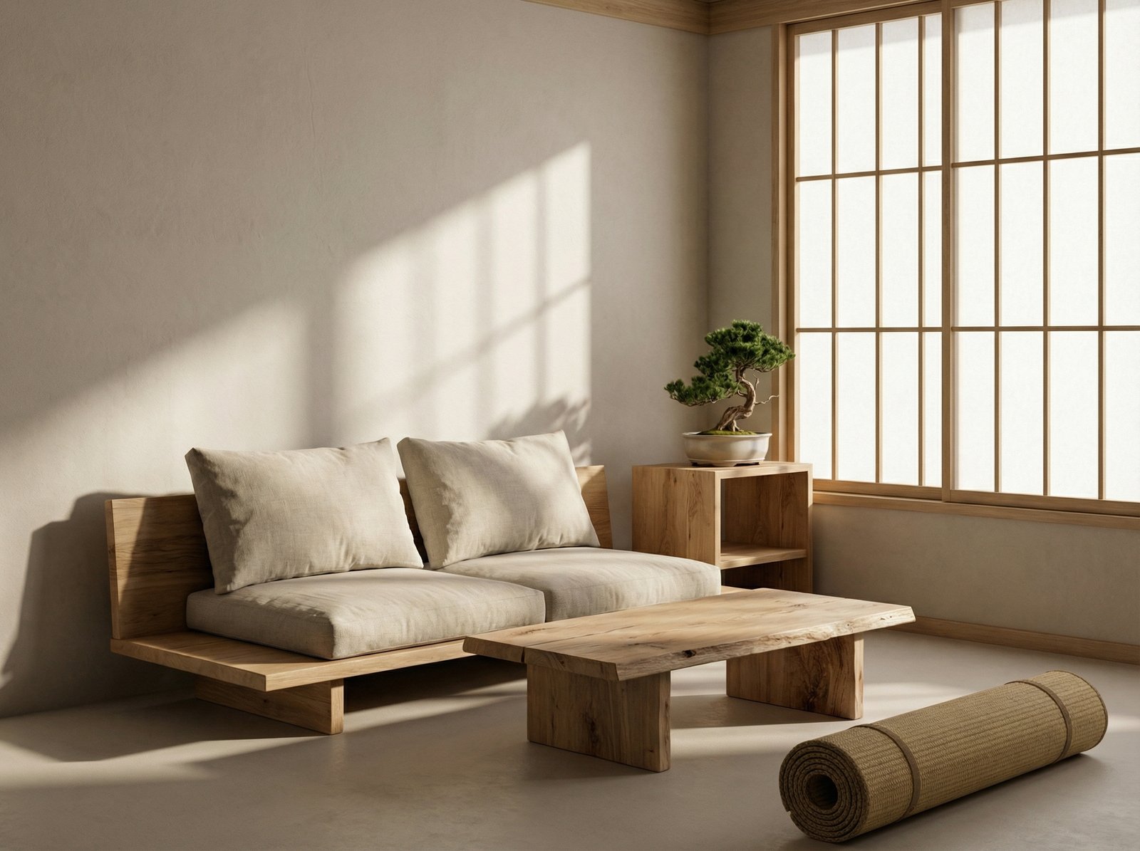 A serene and minimal Korean living room with natural wood furniture, a small plant, soft afternoon sun, peaceful atmosphere, high quality rendering, no text, 4:3
