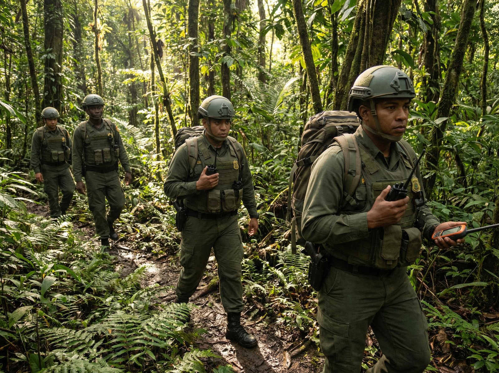 Brave park rangers patrolling the lush tropical forest, professional green uniforms, protective gear, natural forest setting, sunlight, realistic lifestyle photography, 4:3