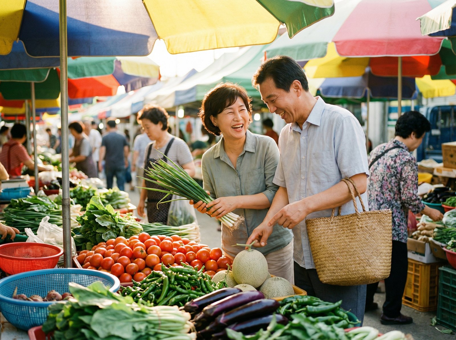A happy Korean couple choosing quality ingredients at a local market, vibrant colors, warm lighting, natural expression, visually rich, no text, 4:3