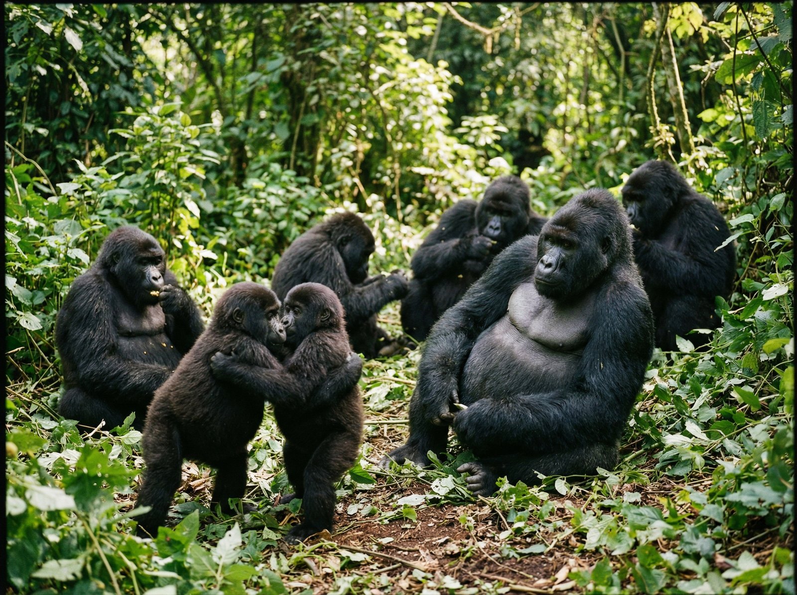 A family of Eastern Lowland Gorillas resting in a green clearing, young gorillas playing, peaceful atmosphere, detailed textures, natural lighting, 4:3