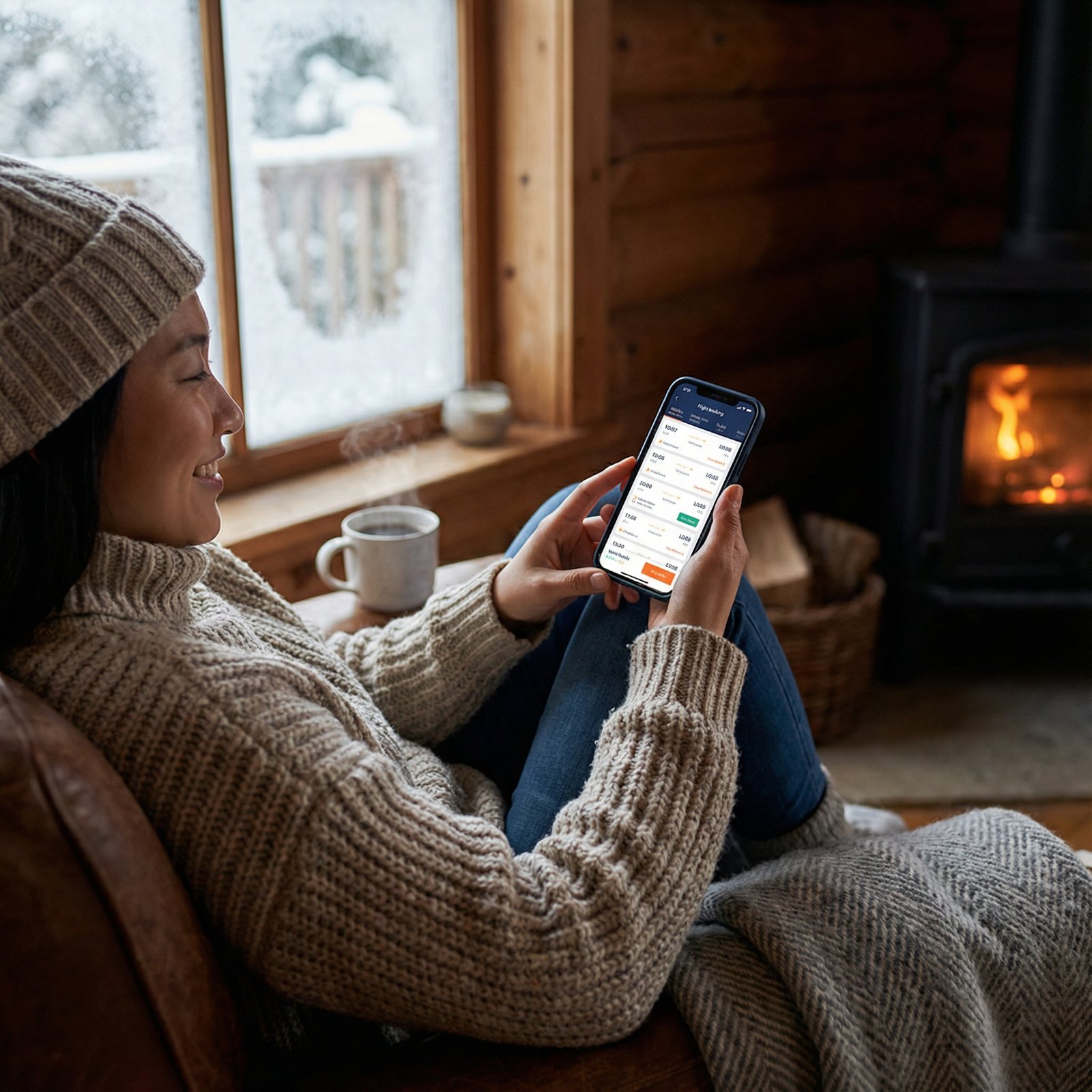 a person using a smartphone to change flight bookings in a cozy indoor setting during winter lifestyle photography warm lighting Korean appearance 1:1 aspect ratio no text