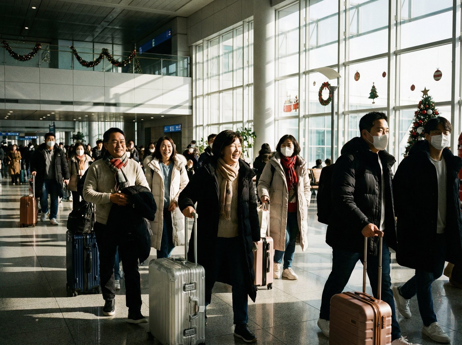 a crowded modern airport terminal during holiday season with people carrying luggage lifestyle photography high contrast Korean travelers 4:3 aspect ratio no text
