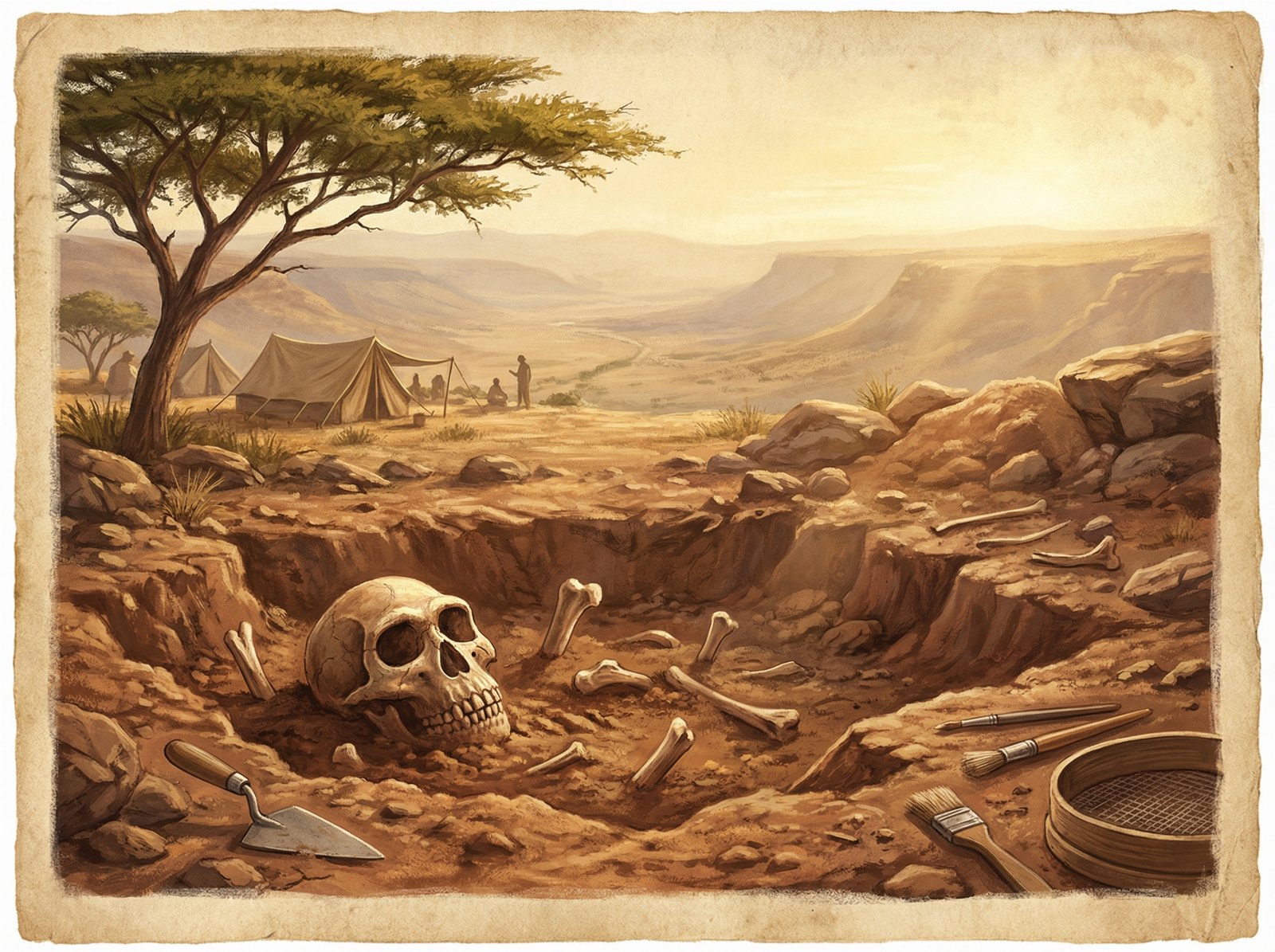 Realistic illustration of a fossil excavation site in Ethiopia, ancient hominid skull and bone fragments in the dirt, archeological tools, golden hour light, textured background, 4:3