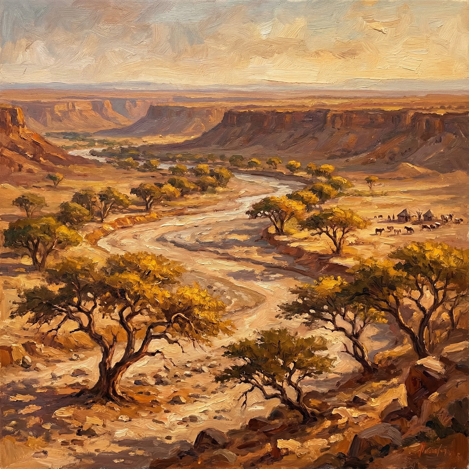 Wide landscape of the Lower Valley of the Awash, dry riverbed, golden acacia trees, vast Ethiopian rift valley, warm lighting, artistic rendering, 1:1