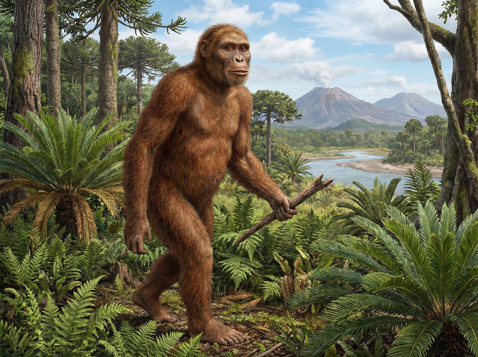 Scientific reconstruction of Lucy Australopithecus afarensis, standing in a lush ancient environment, naturalistic style, detailed fur and features, 4:3