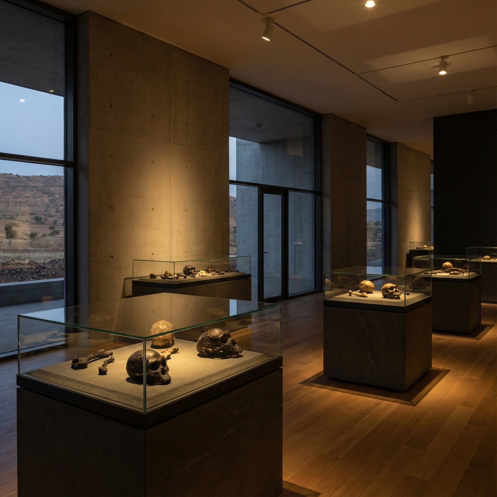 Interior of a modern museum in Ethiopia, display of ancient hominid fossils under soft spotlight, high contrast, clean layout, no text, 1:1
