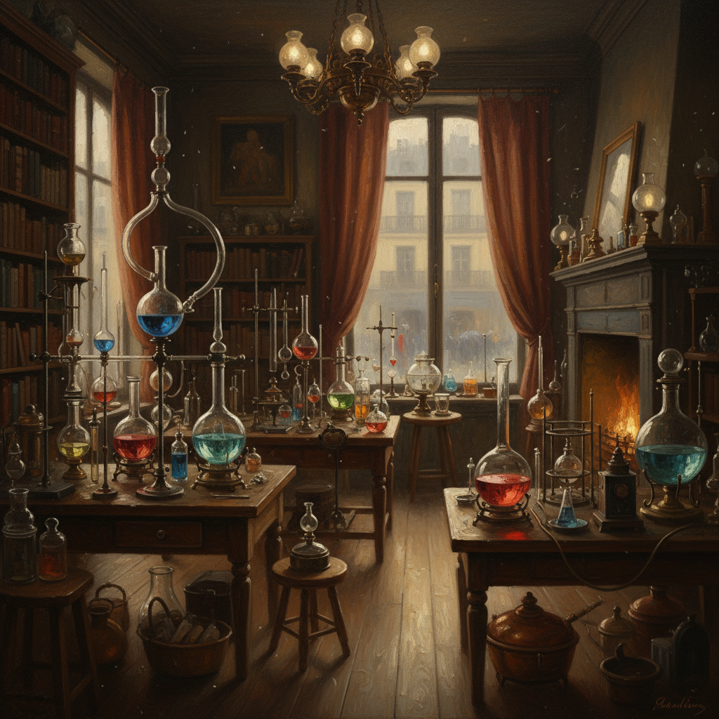 A historic laboratory in Paris 1885 with glass flasks and scientific instruments, oil painting style, warm indoor lighting, artistic rendering, textured background, no text
