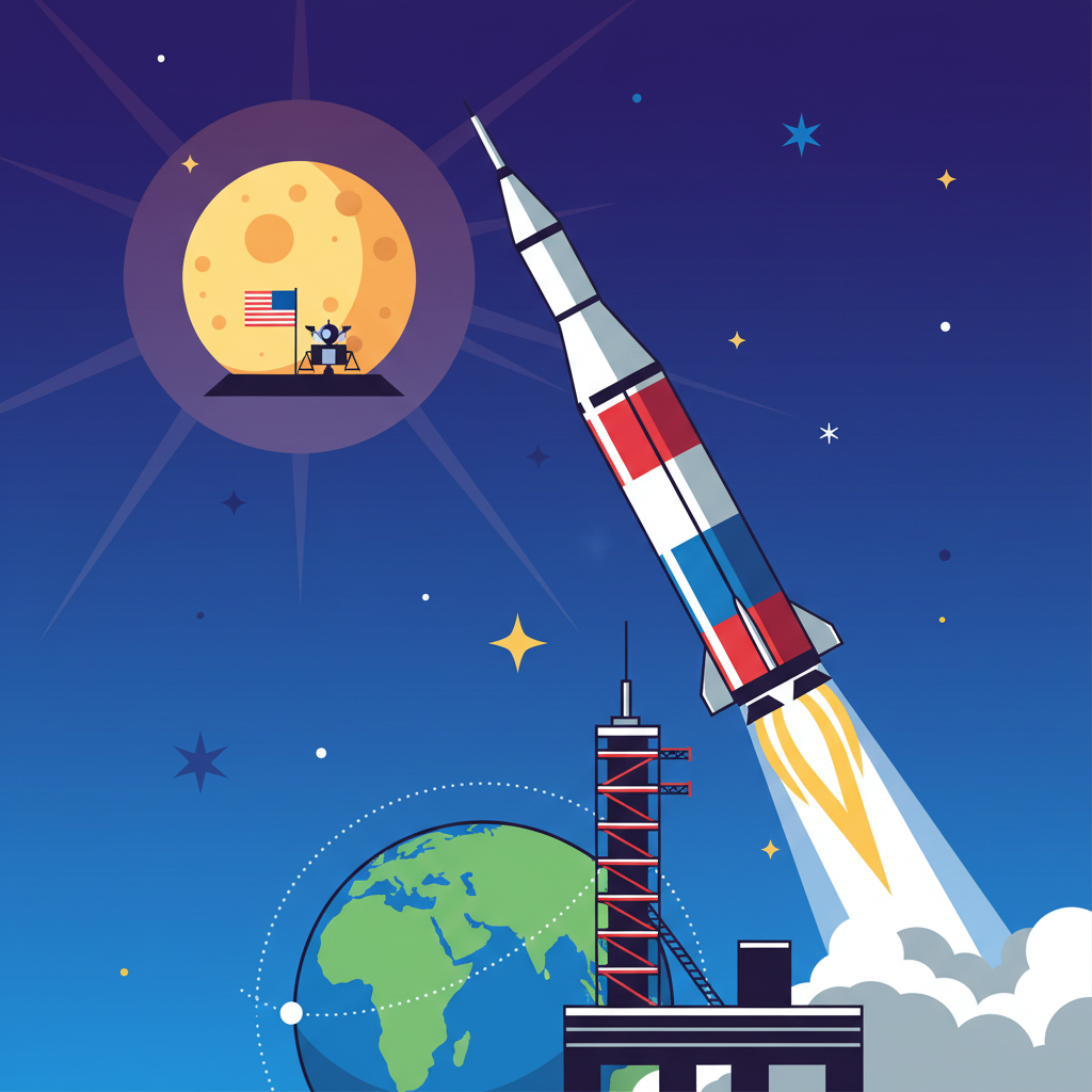 A dynamic illustration showcasing 1960s American space exploration. A rocket launching with a sense of power and aspiration, contrasting with a stylized moon in the background. Emphasize the era's optimism and technological ambition. Style: clean infographic, modern layout, high contrast, colored background, full frame, no text.