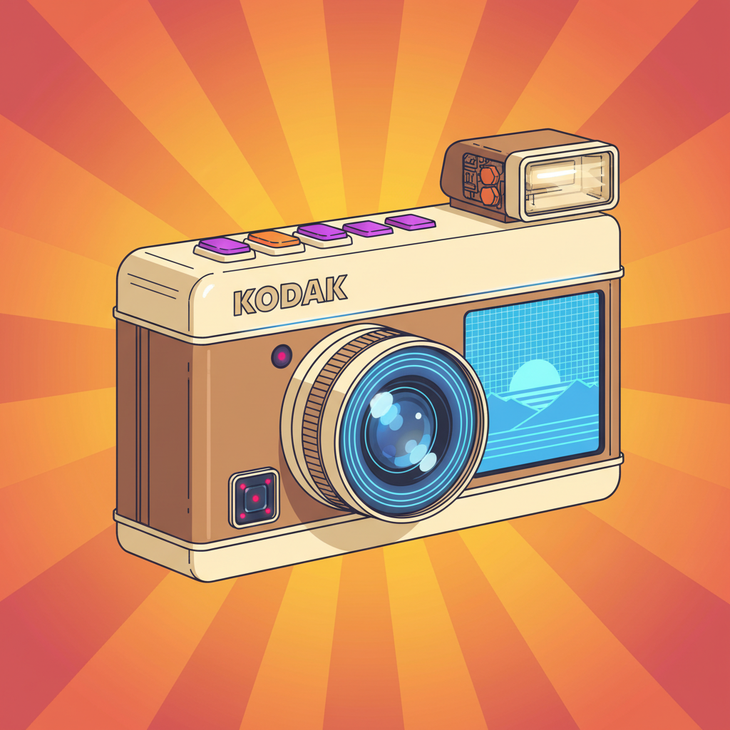 An imaginative illustration of a vintage 1975 Kodak digital camera, designed with a futuristic touch but still reminiscent of 70s aesthetics. The background should be a vibrant, warm gradient, illustrating the dawn of a new technological era. No text, clean infographic style.