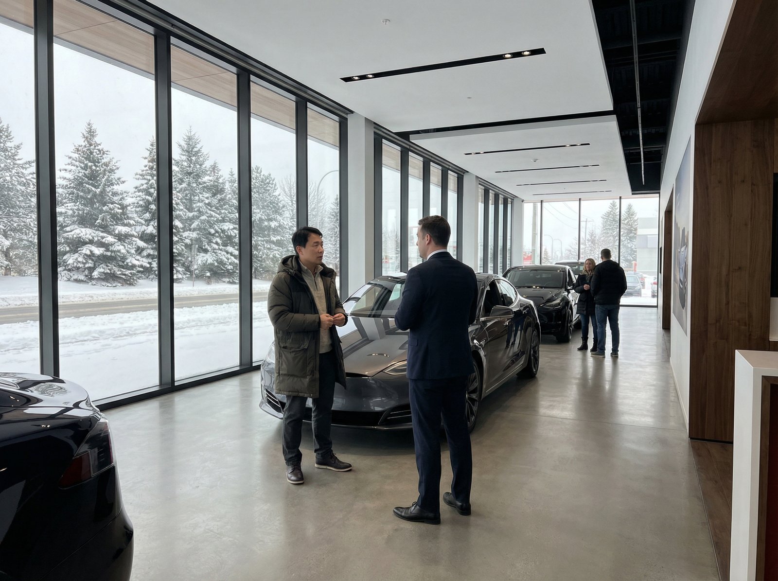 A quiet and modern car dealership showroom in January with a few customers looking at sleek cars, snowy landscape visible through windows, soft natural lighting, Korean man talking to a dealer, clean and high contrast, 4:3