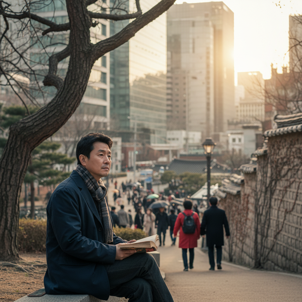 A subtle, contemplative scene of Ki-taek (Korean appearance) blending into a realistic 2025 Seoul cityscape, everyday life, warm lighting, natural setting, textured background, bright, balanced lighting, centered focus, visually rich, no empty margins, no visible text in image