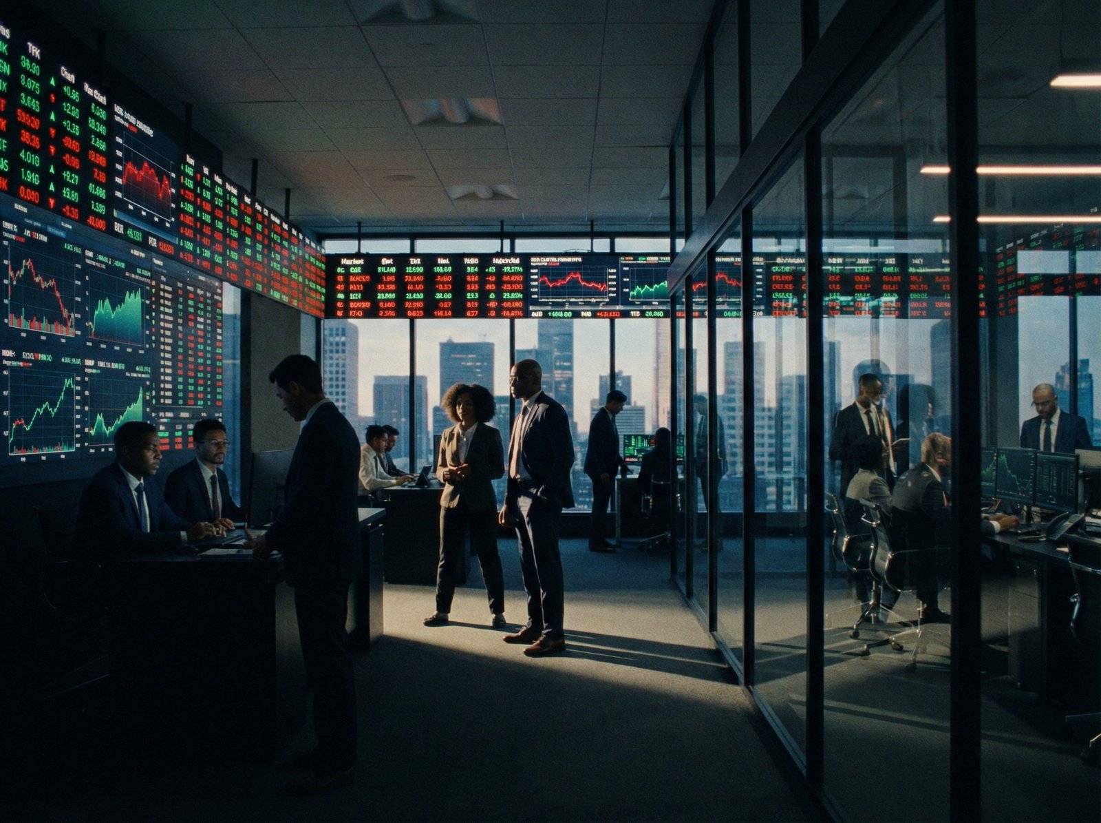 A modern financial office with digital screens showing diverse stock tickers, high contrast, cinematic lighting, professional setting, no text, 4:3