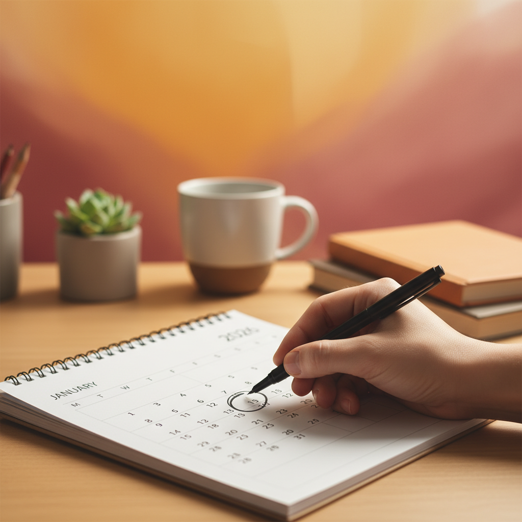 A hand marking a calendar for 2026 with a pen, warm office setting, aesthetic composition, colored background, no text