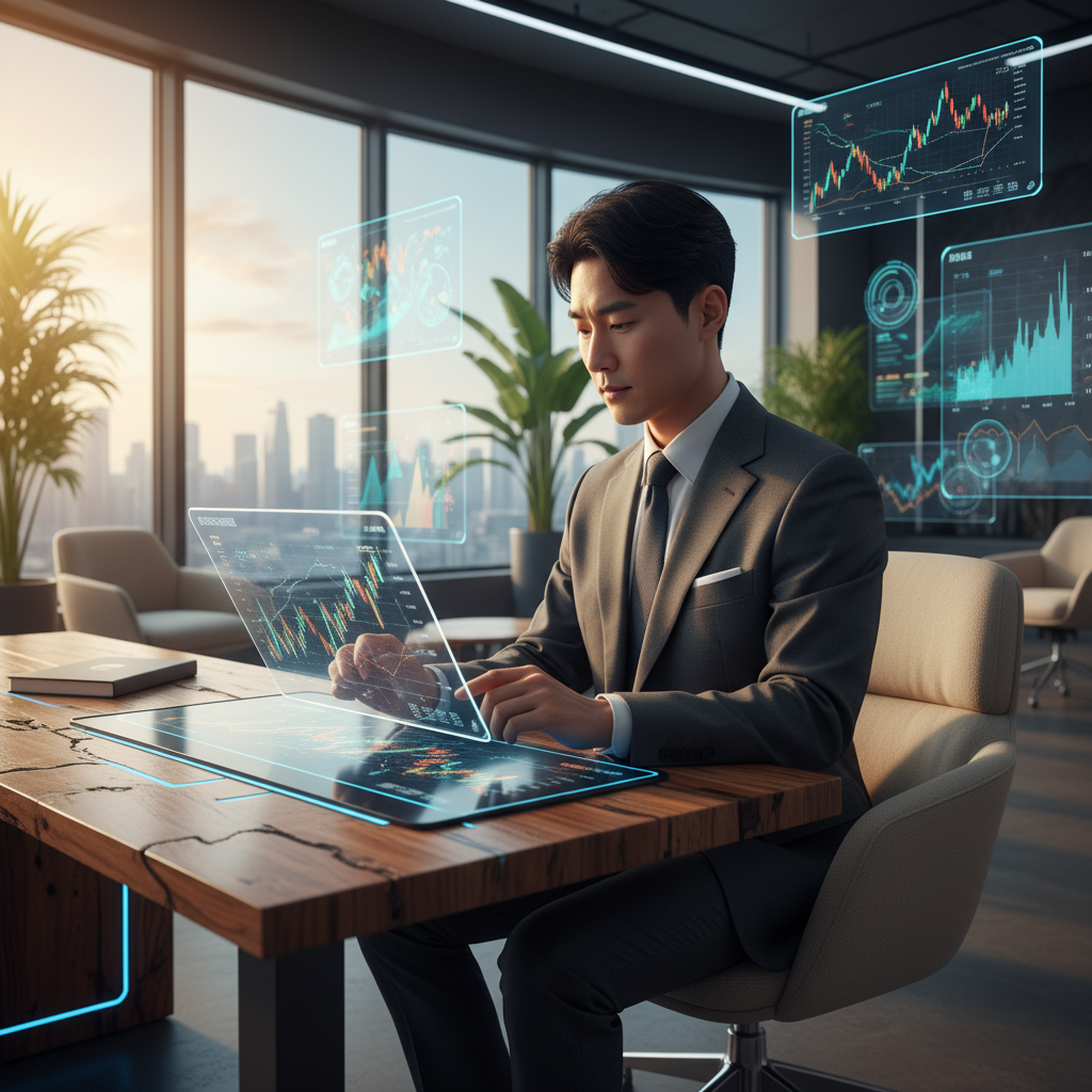 A modern investor analyzing technology stock charts on a tablet, 2026 futuristic office setting, warm sunlight, professional atmosphere, Korean person, high contrast, no text