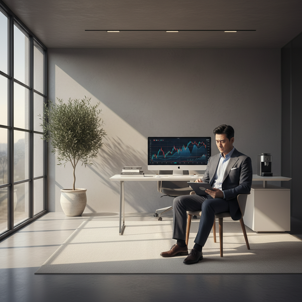A professional Korean investor in a modern home office reviewing financial charts on a tablet, sunlight streaming in, clean and sophisticated atmosphere, high contrast, no text
