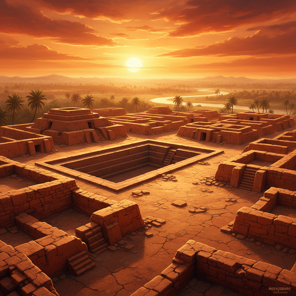 Artistic illustration of the ancient city of Moenjodaro at sunset, mud-brick structures, Indus Valley Civilization landscape, warm cinematic lighting, rich textures, no text