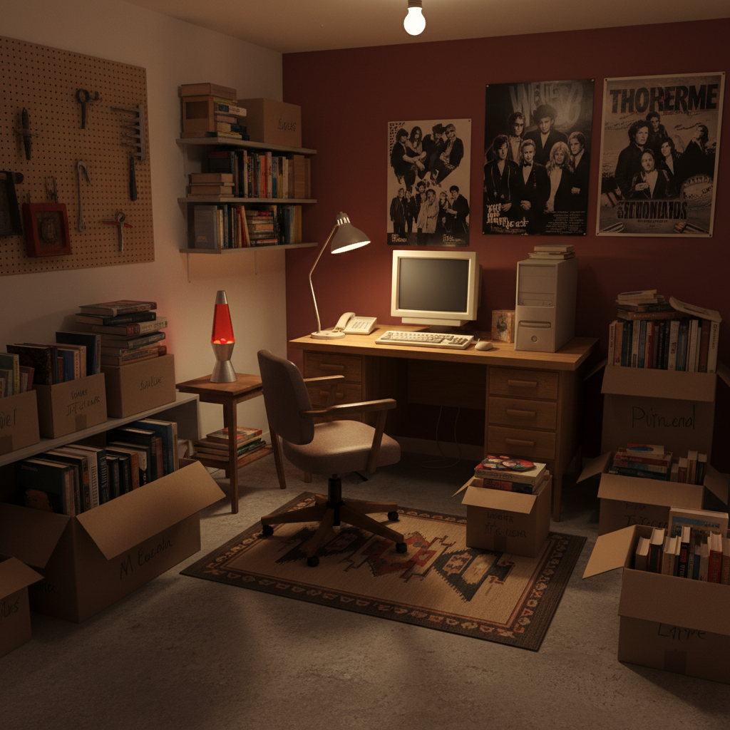 A realistic scene of a 1990s garage converted into a small office, stacked with cardboard boxes filled with books, warm nostalgic lighting, wooden desk with an old computer, rich colored background, high quality photography, no text