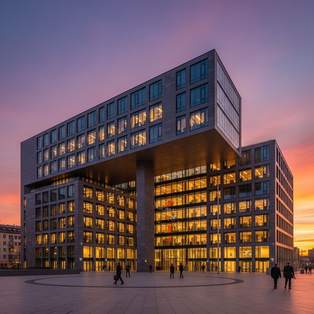 A professional photo of a modern European central bank building during sunset, warm office lights glowing inside, clean high-contrast architecture, professional financial atmosphere, lifestyle photography, rich colors, no text