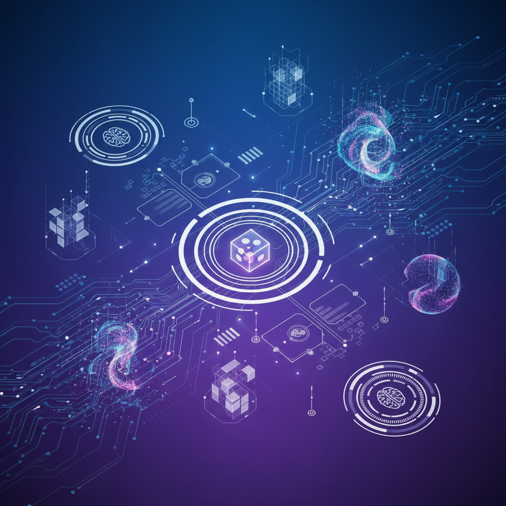 A modern high tech digital environment with glowing symbols of artificial intelligence and software data, clean infographic style, vibrant blue and purple background, no text