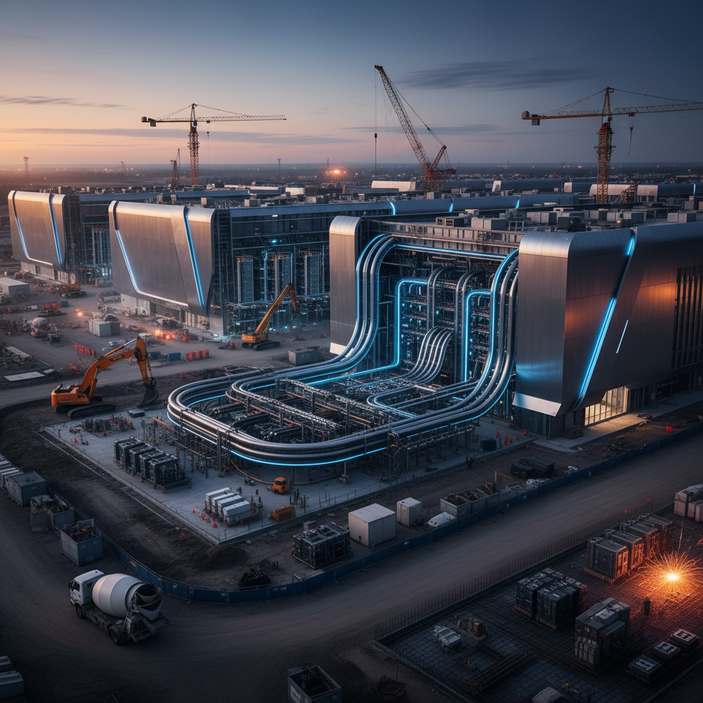 A modern data center construction site with heavy machinery and electrical infrastructure, futuristic industrial design, high contrast lighting, professional photography, blue and orange tones, no text