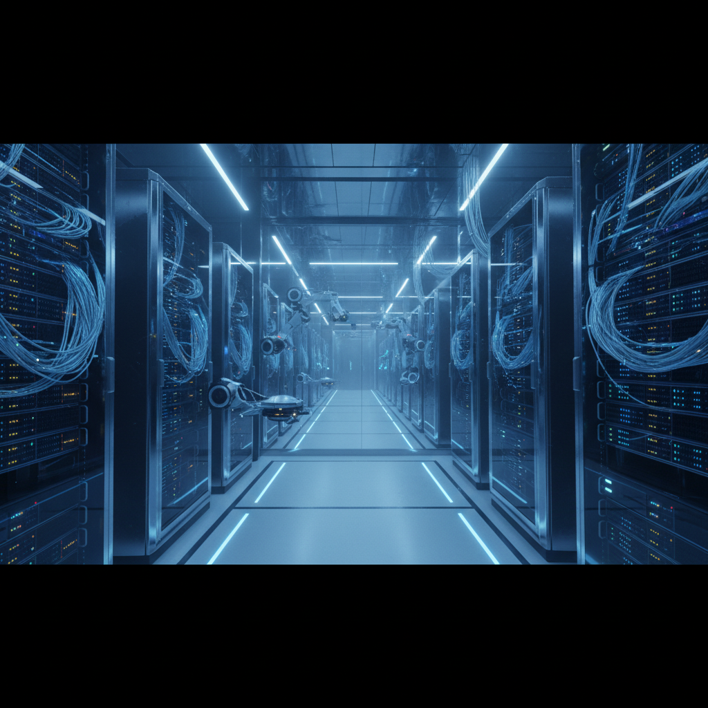 High tech modern data center interior with servers and glowing blue lights, professional photography, high contrast, wide angle, 4:3, no text