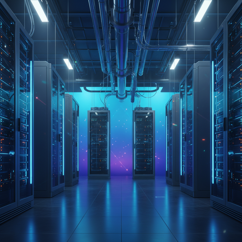 Futuristic AI data center with glowing blue cooling systems and server racks, high tech atmosphere, colored background, cinematic lighting, no text