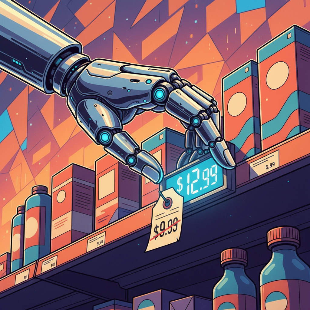 A conceptual illustration of an AI robot hand subtly changing price tags on a grocery store shelf, digital art style, high contrast, colored background, no text