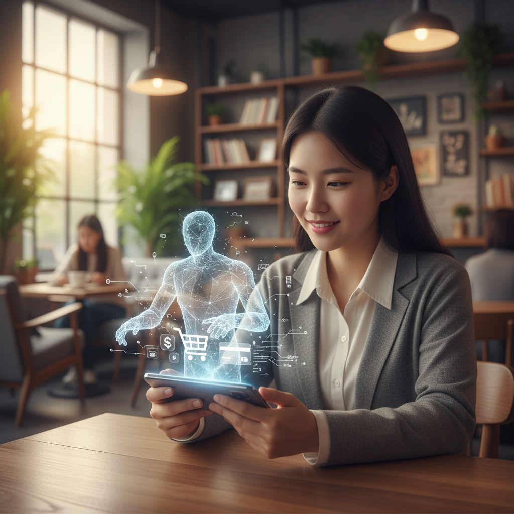 A Korean person holding a smartphone while a glowing digital AI agent assistant helps process a purchase, modern lifestyle photography, warm lighting, cozy cafe background, no text