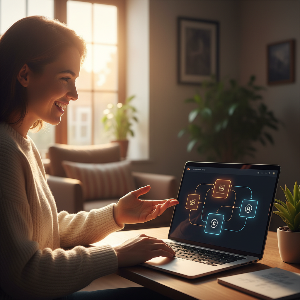 A clean and modern user interface of an AI-powered coding tool on a laptop, a non-technical person looking satisfied while building an app, lifestyle photography, high contrast, warm lighting, no text