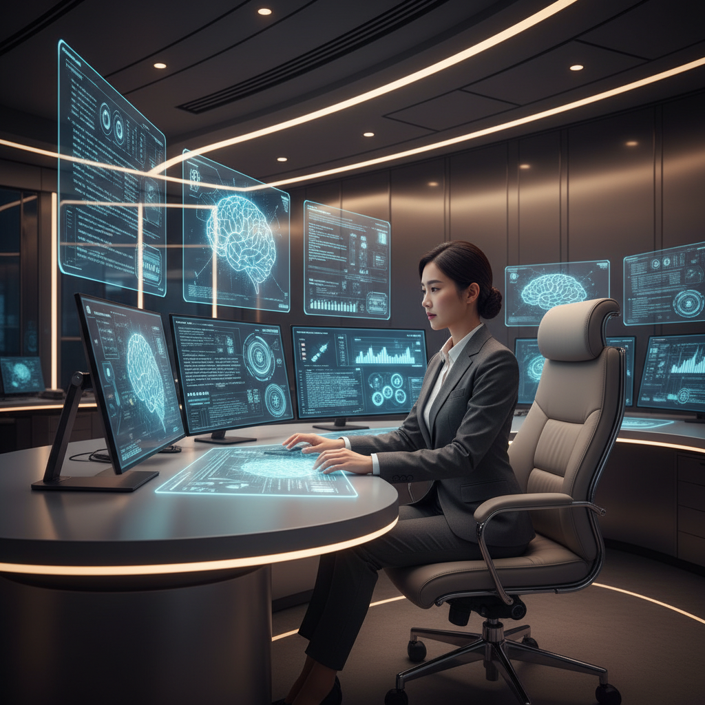 A professional Korean security analyst using an advanced AI interface, glowing holographic data displays, modern office setting, warm ambient lighting, high-tech atmosphere, no text