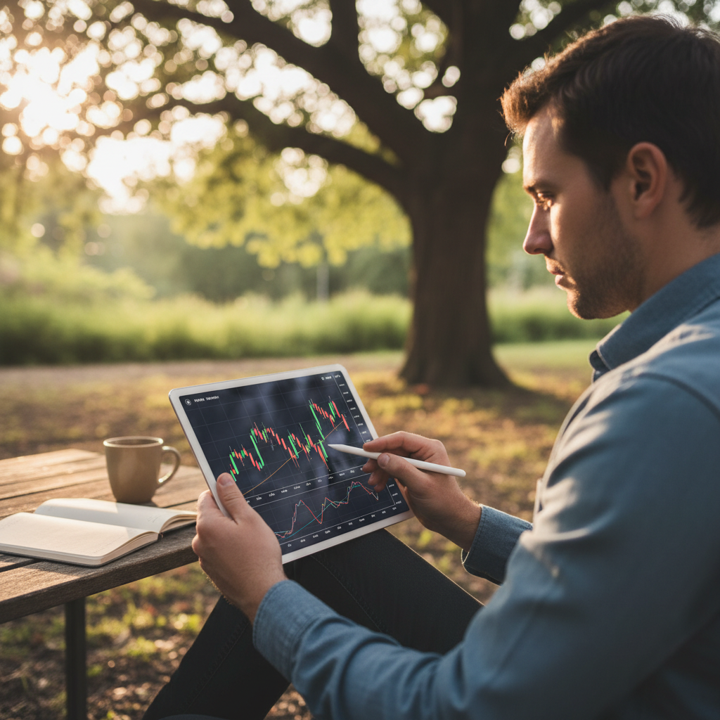 A person carefully examining a stock chart on a tablet, calm and focused, lifestyle photography, warm lighting, natural setting, no text, 4:3 aspect ratio