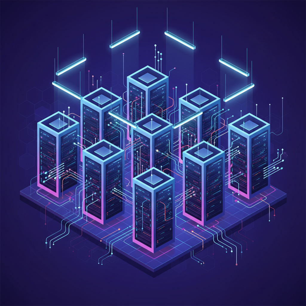 A bustling data center with glowing servers, futuristic lighting, clean infographic style, colored background, no text, 1:1 aspect ratio