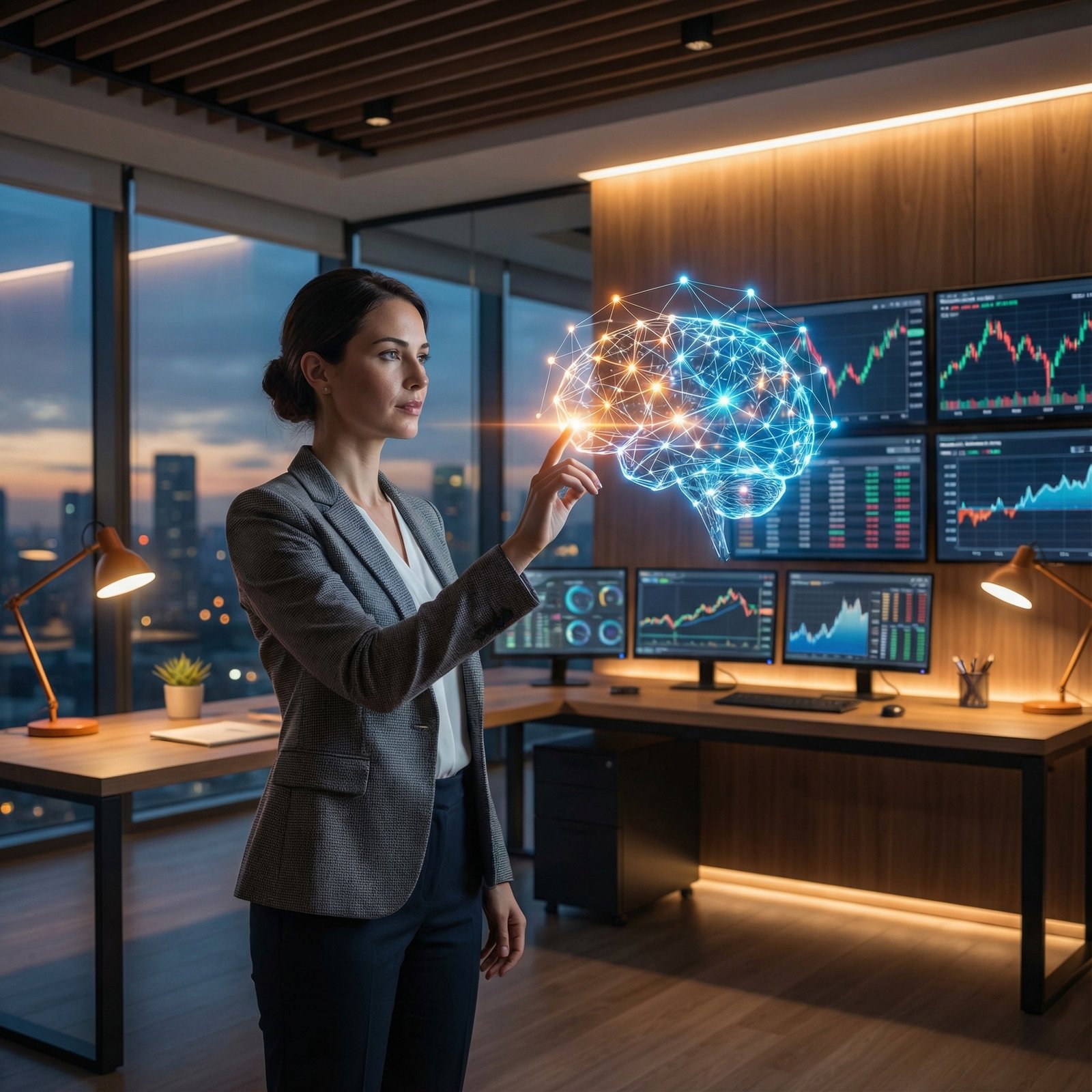 A modern digital workspace showing a professional person interacting with a glowing neural network interface, financial charts in the background, warm lighting, futuristic yet professional atmosphere, high contrast, 1:1