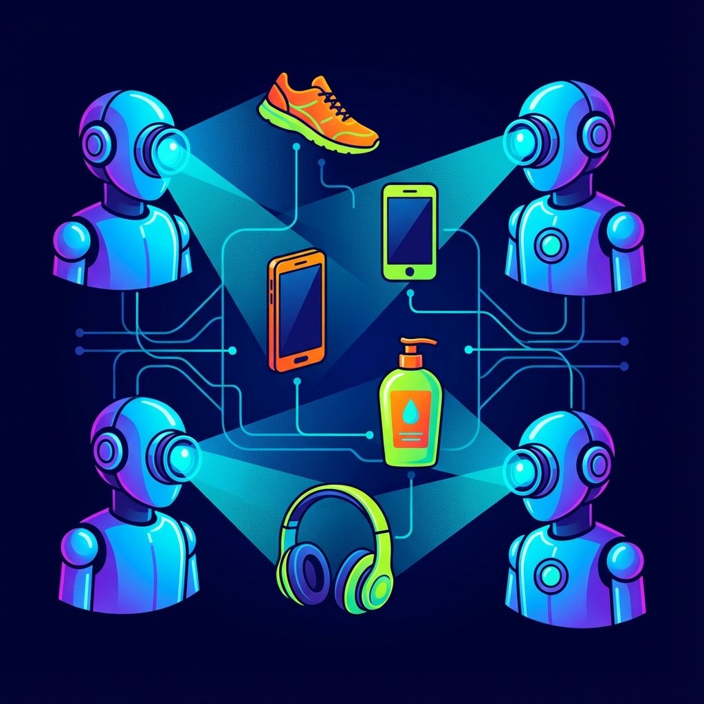 A clean infographic style visual of AI agents scanning various online products, high contrast, vibrant colors, professional composition, no text, 1:1