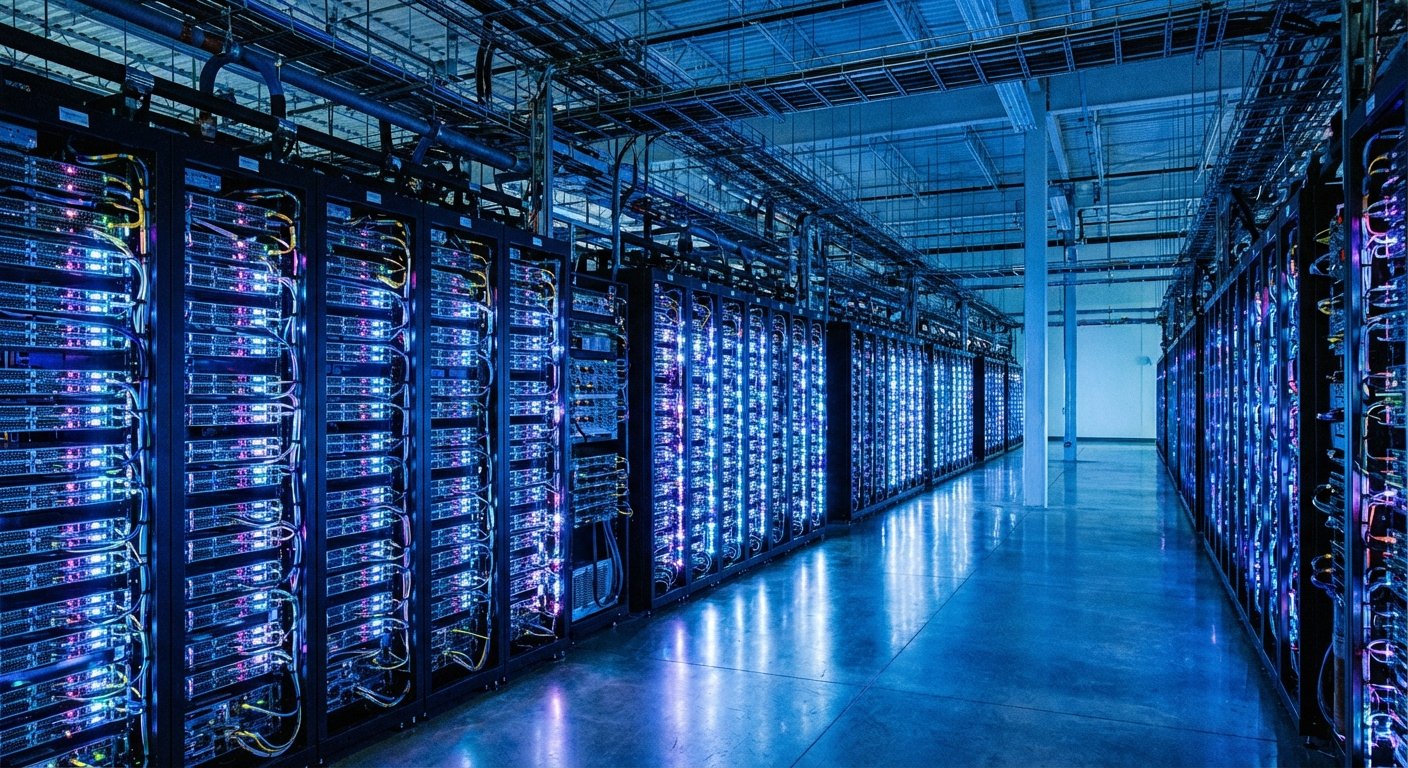 A massive data center interior with rows of glowing server racks, cool blue lighting, high tech atmosphere, detailed hardware components, no text