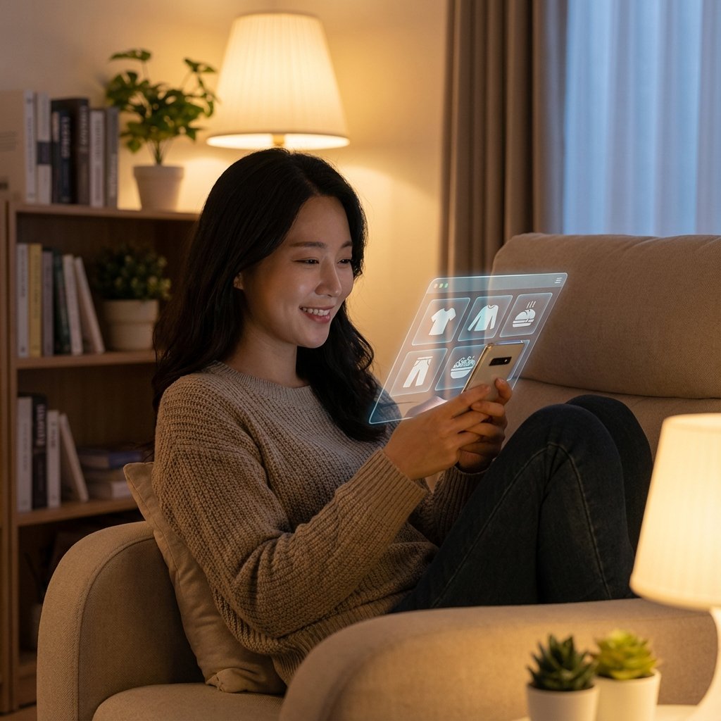 A person using a futuristic smartphone app for AI powered shopping agents, natural Korean appearance, cozy living room background, warm lighting, lifestyle photography, no text, 1:1