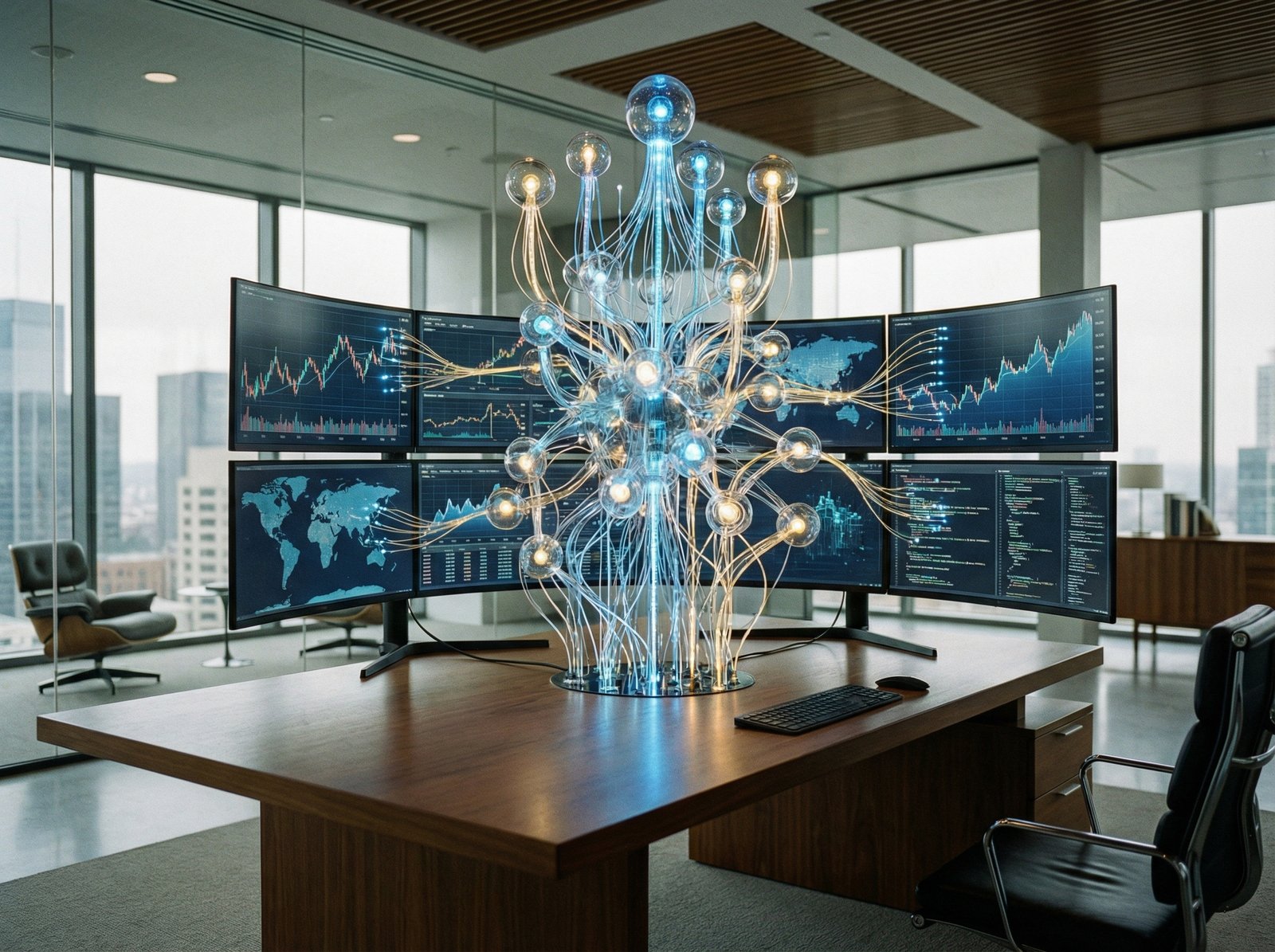 A sophisticated AI agent represented by interconnected nodes and glowing data streams, performing tasks like market research and coding on multiple screens in a modern office setting, no visible text, aspect ratio 4:3