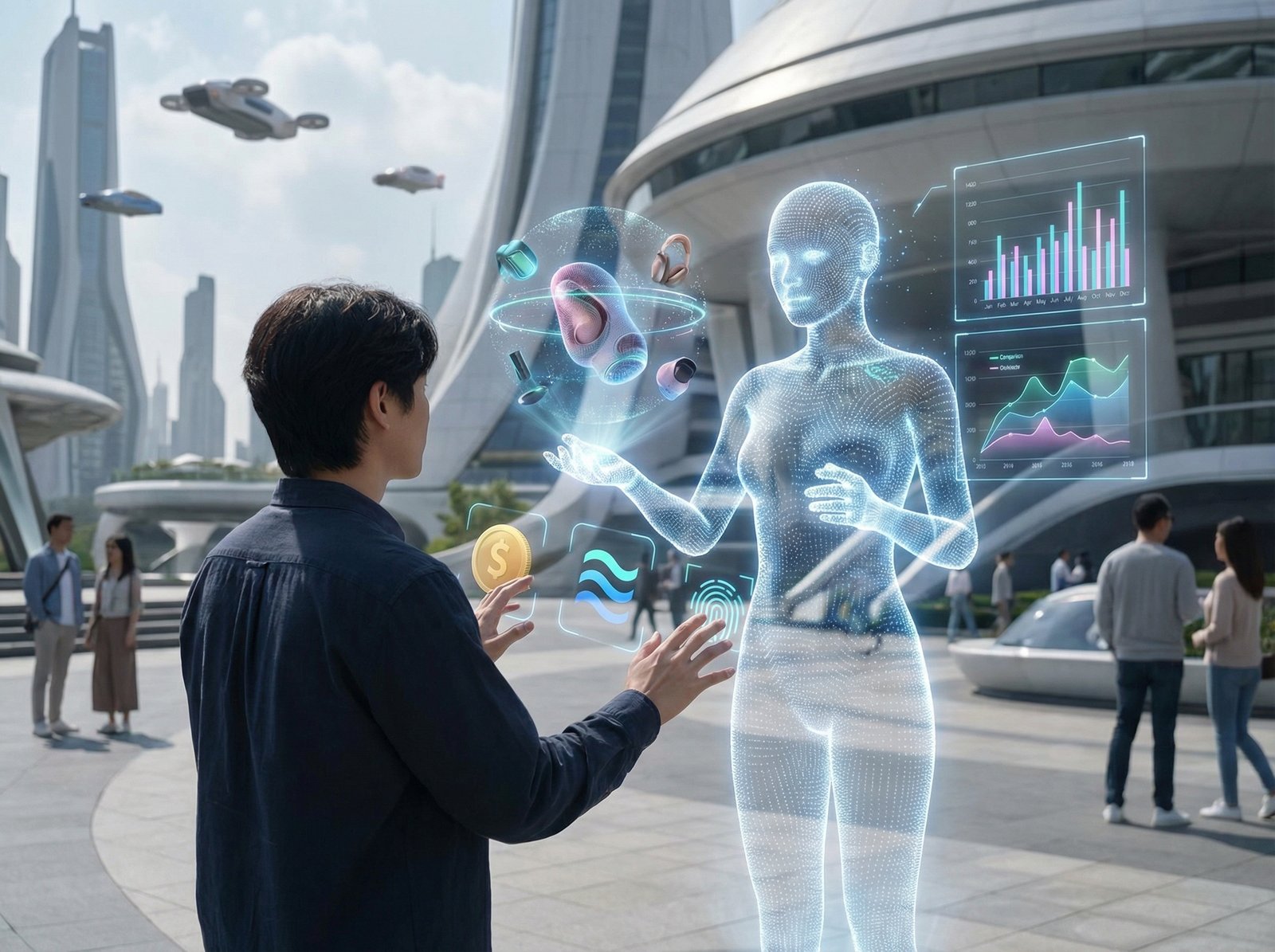 A futuristic scene of a person interacting with a holographic AI agent for shopping. The AI agent is displaying various products and comparing prices, with digital payment icons floating around. Aspect ratio 4:3, no visible text.