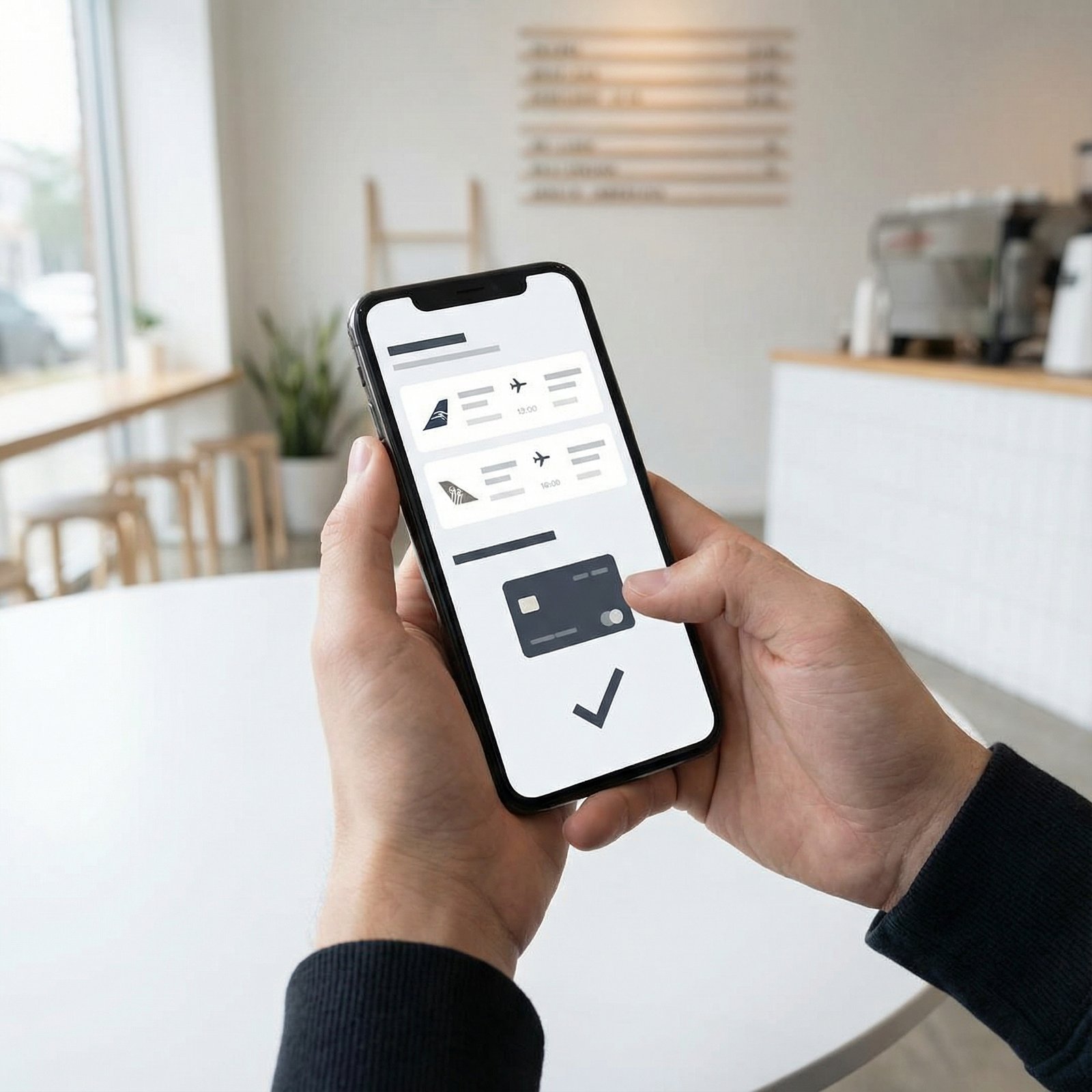 A user asking an AI agent to book a flight on a smartphone. The AI agent is displaying flight options and payment confirmation. The scene is clean and modern. Aspect ratio 1:1, no visible text.