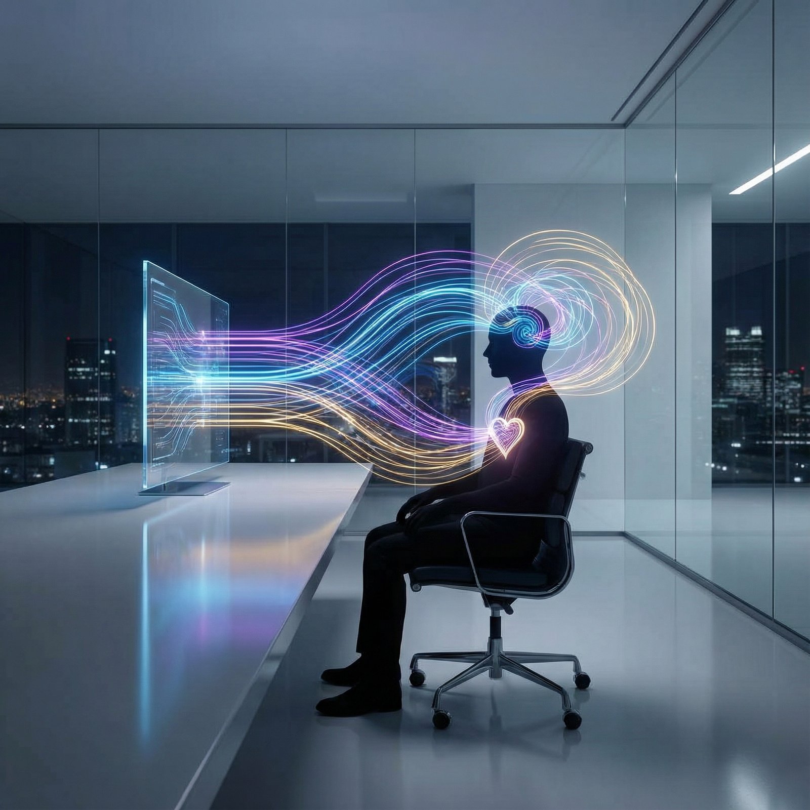 An AI chatbot interface subtly influencing human emotions, represented by abstract digital lines flowing towards a human silhouette. The setting is futuristic and clean. 1:1 aspect ratio, no visible text, modern layout, high contrast.