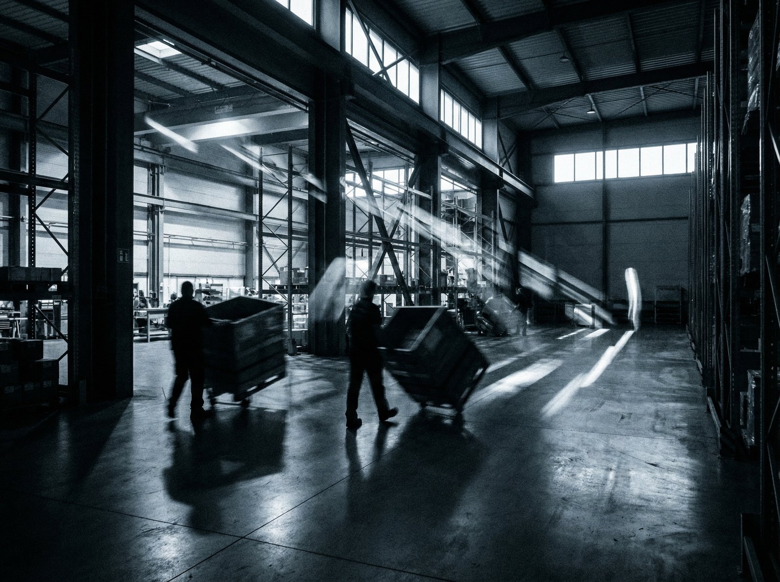 A covert operation of AI chips being transported in a dimly lit warehouse, abstract, high contrast, modern layout, no visible text, 4:3 aspect ratio.