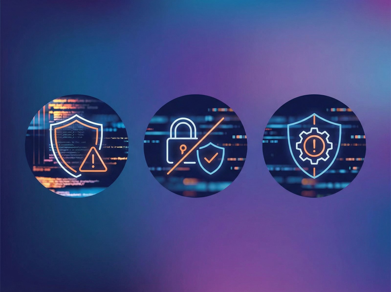 A series of abstract icons representing AI content moderation, with warning signs and shield symbols overlaying digital text. The background is a gradient of blues and purples. 4:3 aspect ratio, no visible text, clean infographic.