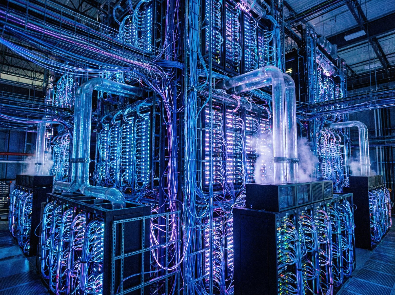 A futuristic data center with glowing blue and purple lights, focusing on the intricate network of servers and wires. Represents AI and high technology infrastructure. no visible text, aspect ratio 4:3