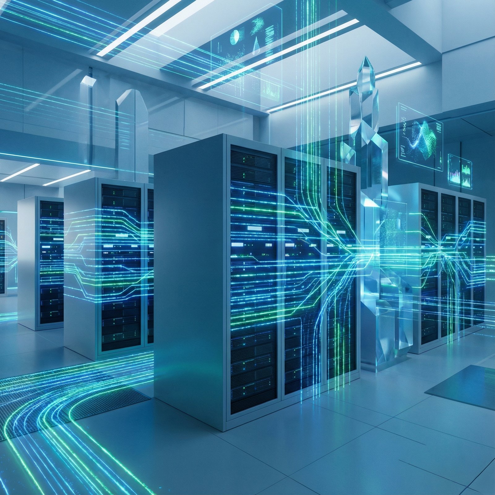 A stylized, futuristic data center with glowing blue and green lines representing data flow and AI inference. Servers are neatly arranged, showcasing high technology and efficiency, no visible text, 1:1 aspect ratio.