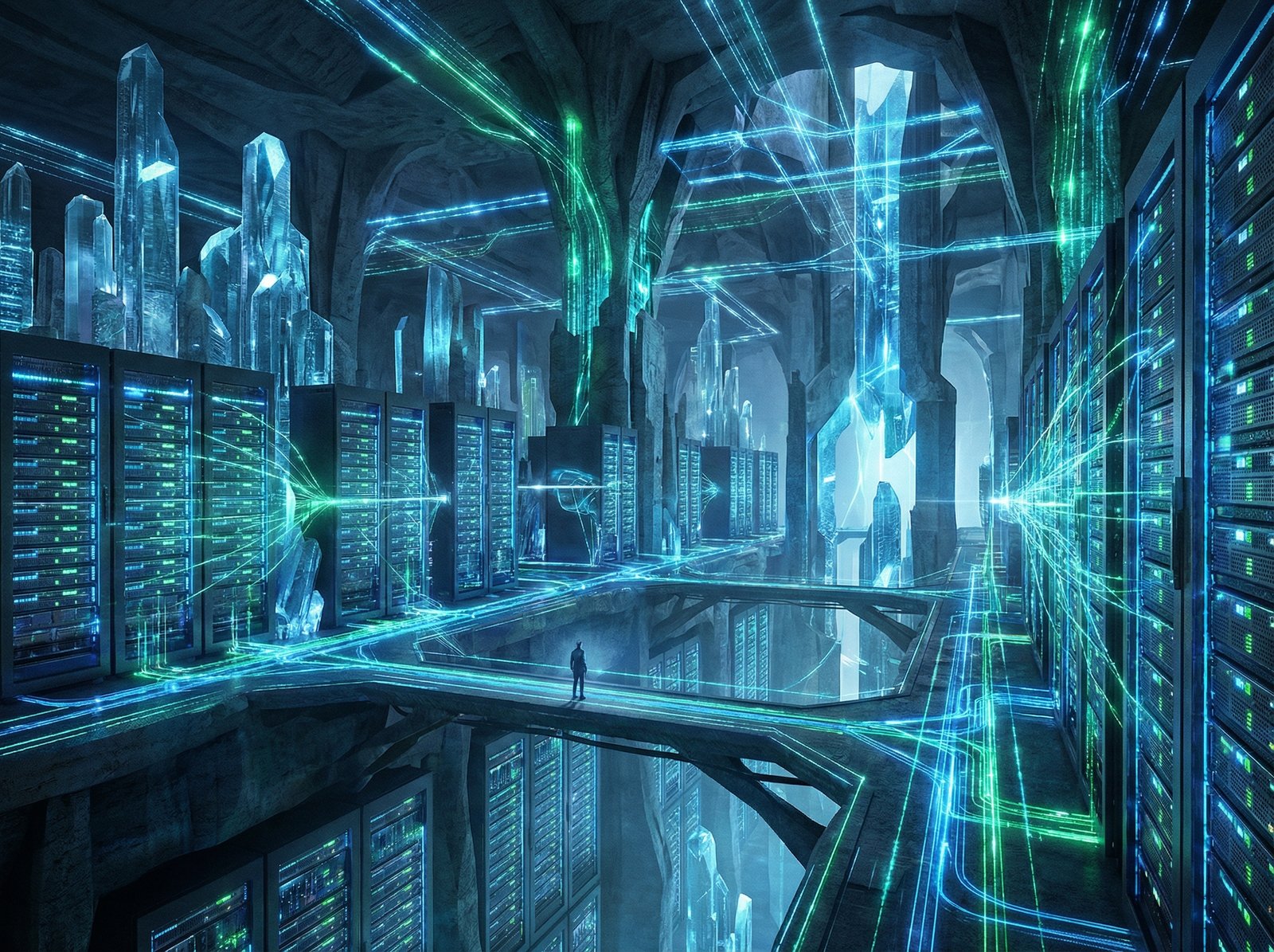 A detailed, high-contrast infographic showing a massive, futuristic data center with interwoven networks and glowing server racks. Emphasize scale and complexity of AI infrastructure. Modern design, cool blue and green tones. 4:3 aspect ratio, no visible text.