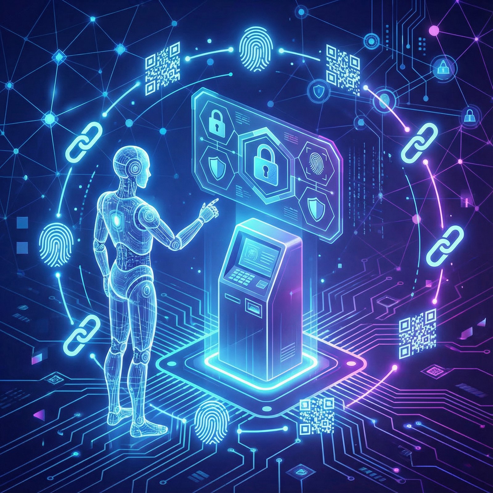 A secure payment processing concept with an AI agent. Emphasize cryptographic authentication and secure transaction symbols. The background is a futuristic digital network. Aspect ratio 1:1, no visible text.