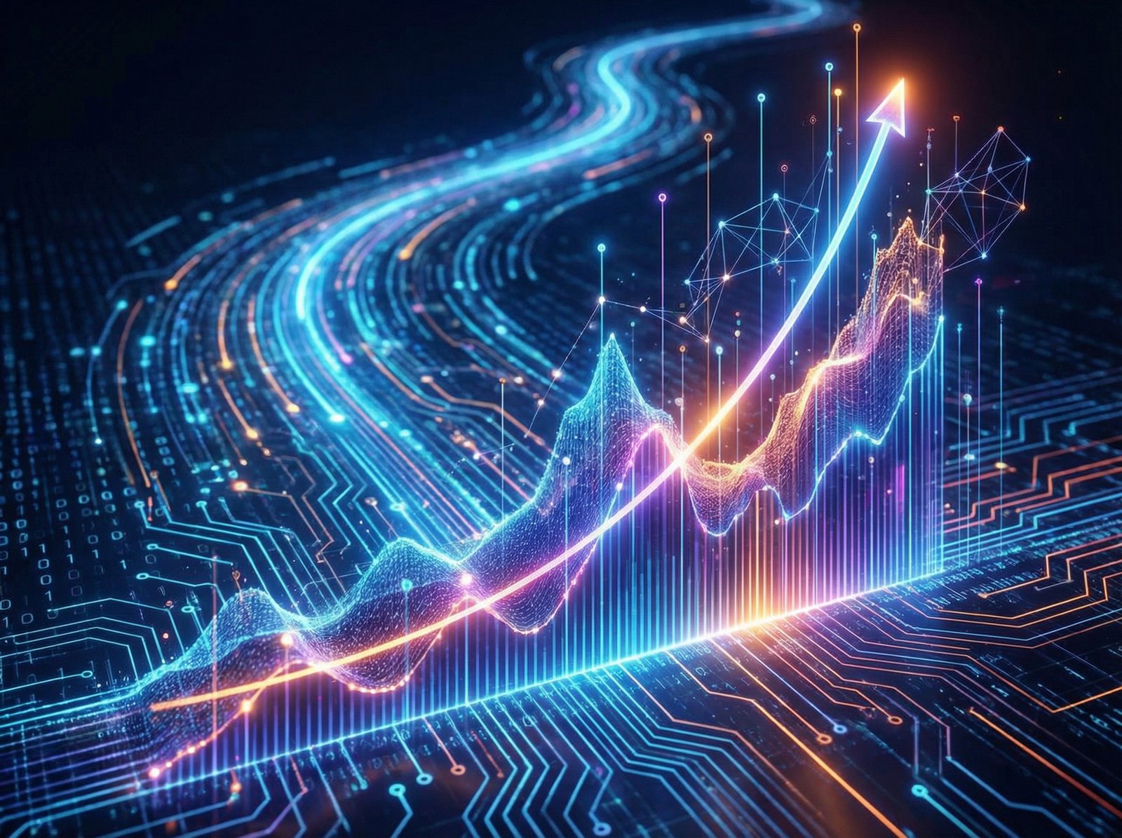 A futuristic chart showing strong upward trend for AI related stocks, with digital data flowing in the background, informational style, high contrast, no visible text, 4:3 aspect ratio.