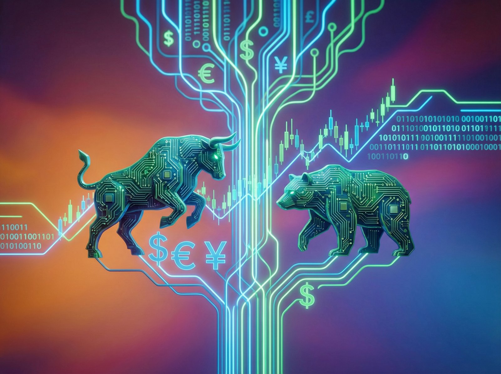 A detailed composition of abstract AI technology elements (circuits, glowing lines) intertwining with financial symbols (stocks, currency), illustrating their connection and growth. Colored background, centered focus. No visible text. Aspect ratio 4:3.