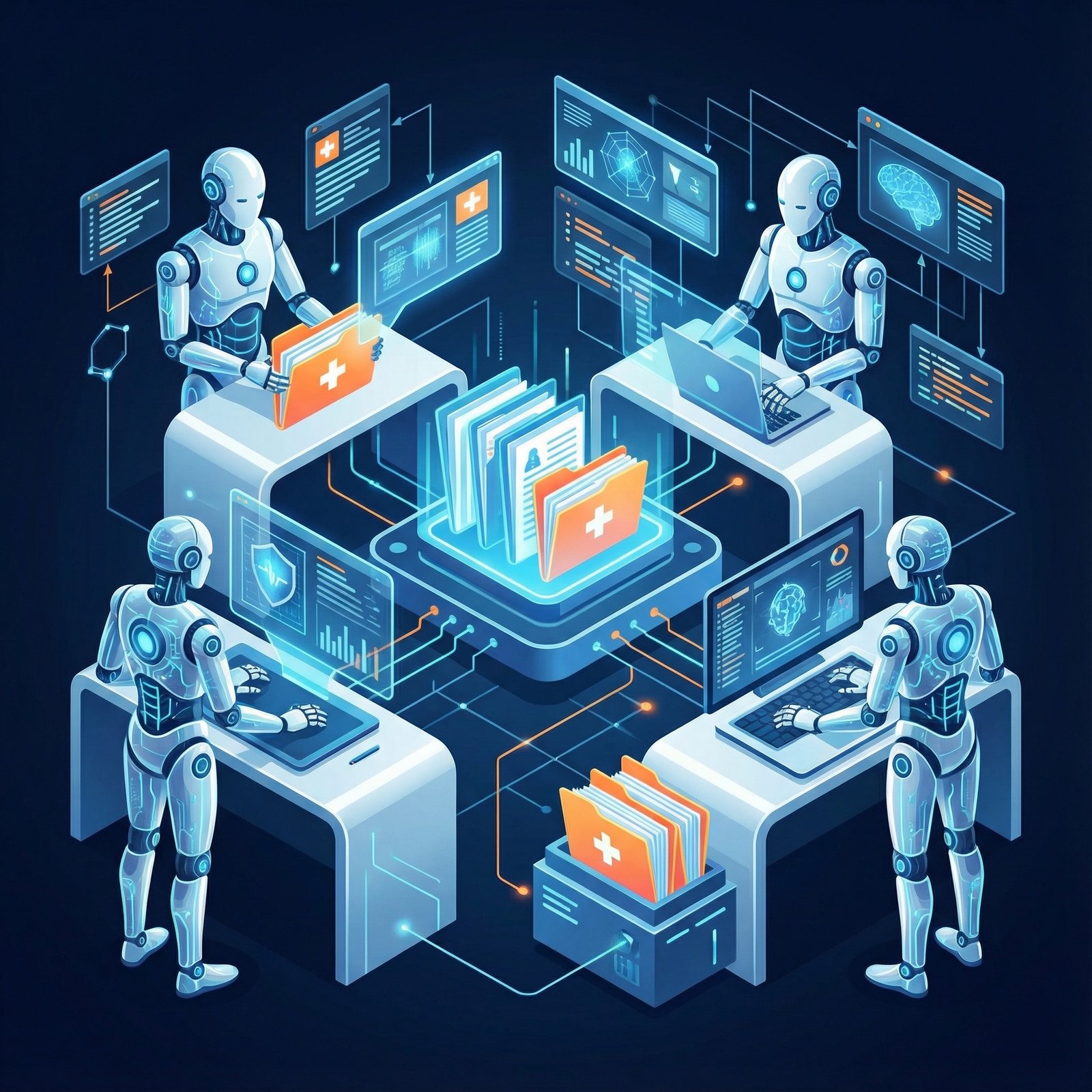 Modern infographic showing AI robots efficiently handling medical documents and digital data, clean layout, high contrast, no visible text, 1:1 aspect ratio